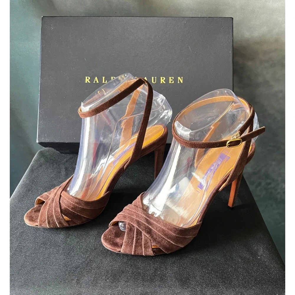 Ralph Lauren Purple Label Brown Suede Criss Cross Ankle‎ Strap Heels Size 38B